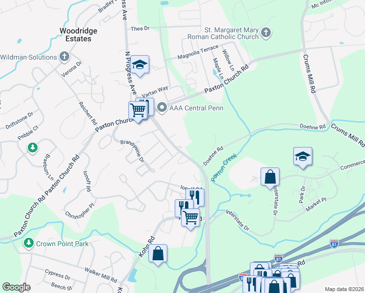 map of restaurants, bars, coffee shops, grocery stores, and more near 3001 North Progress Avenue in Harrisburg