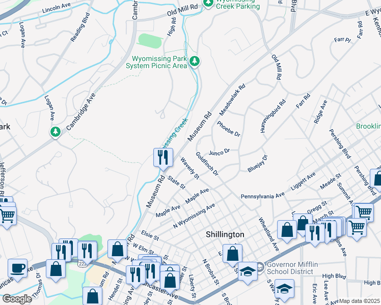 map of restaurants, bars, coffee shops, grocery stores, and more near 10 Goldfinch Drive in Wyomissing