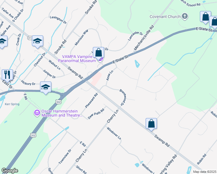map of restaurants, bars, coffee shops, grocery stores, and more near 3190 Brentwood Dr in Doylestown