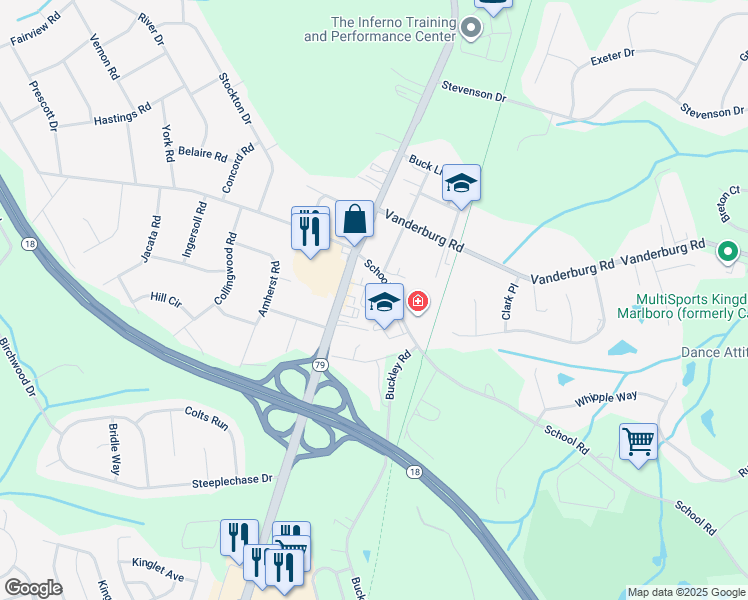 map of restaurants, bars, coffee shops, grocery stores, and more near 3A South Main Street in Marlboro Township