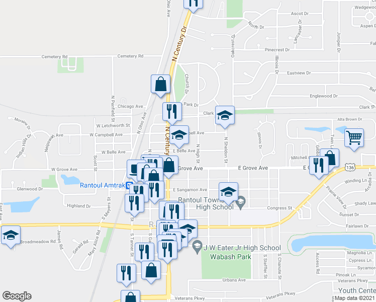 map of restaurants, bars, coffee shops, grocery stores, and more near 340 East Belle Avenue in Rantoul