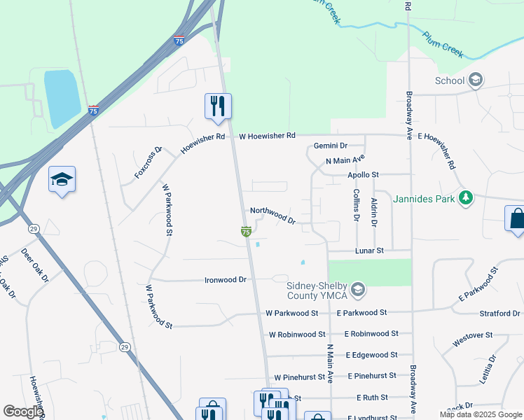 map of restaurants, bars, coffee shops, grocery stores, and more near 140 Northwood Drive in Sidney