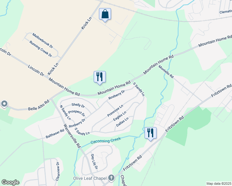 map of restaurants, bars, coffee shops, grocery stores, and more near 19 Roxberry Drive in Sinking Spring