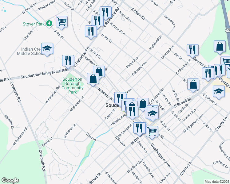 map of restaurants, bars, coffee shops, grocery stores, and more near in Souderton