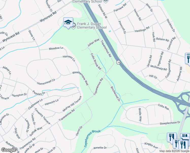 map of restaurants, bars, coffee shops, grocery stores, and more near 12 Trotter Place in Marlboro Township