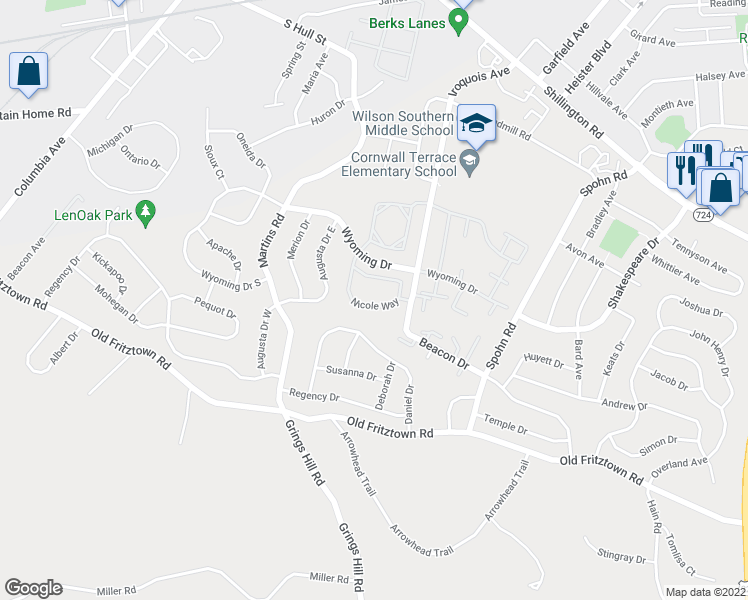 map of restaurants, bars, coffee shops, grocery stores, and more near 160 Nicole Way in Sinking Spring