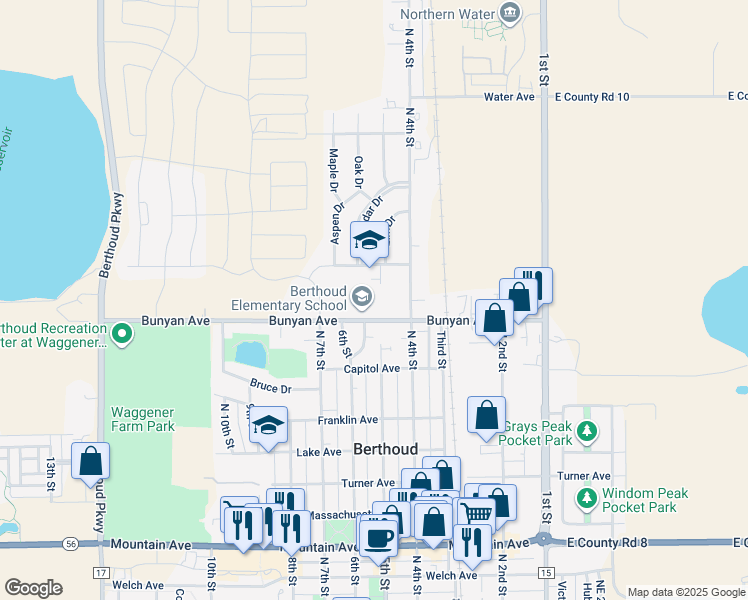 map of restaurants, bars, coffee shops, grocery stores, and more near 560 Bunyan Avenue in Berthoud
