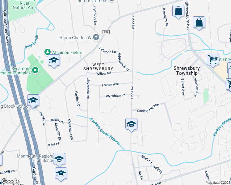 map of restaurants, bars, coffee shops, grocery stores, and more near 44 Wyckham Road in Tinton Falls