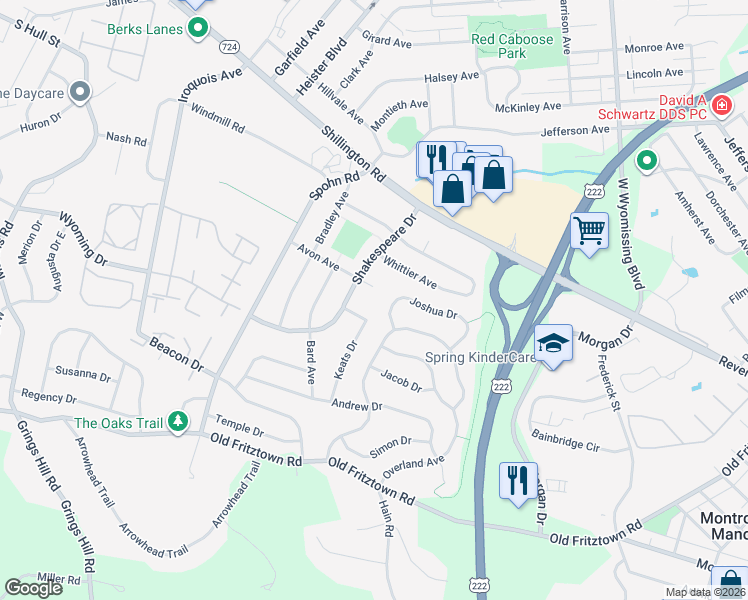 map of restaurants, bars, coffee shops, grocery stores, and more near 2549 Joshua Drive in Sinking Spring
