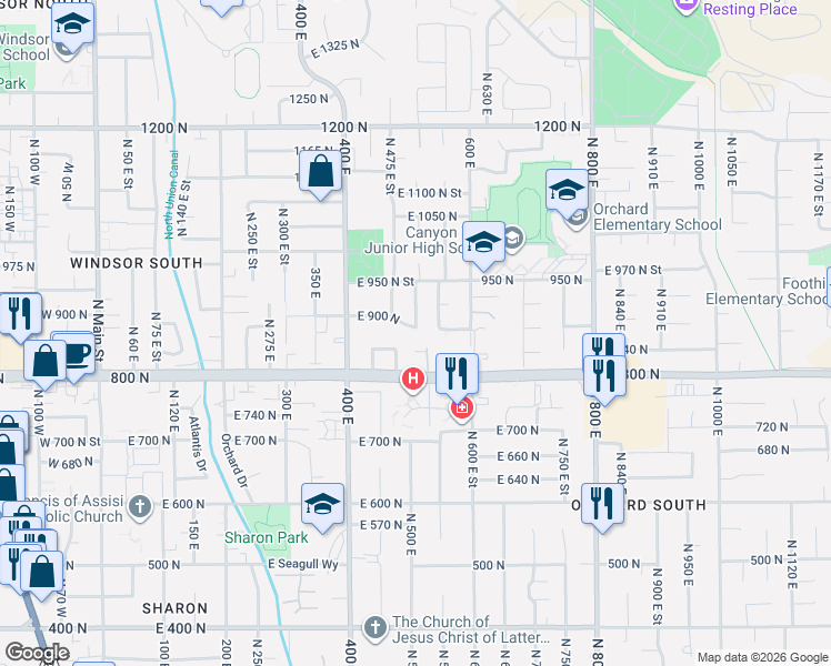 map of restaurants, bars, coffee shops, grocery stores, and more near 880 North 510 East Street in Orem