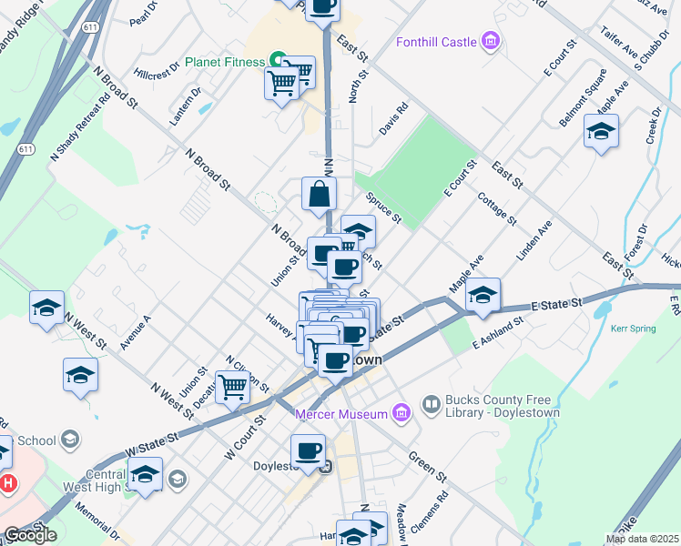map of restaurants, bars, coffee shops, grocery stores, and more near 120 North Main Street in Doylestown