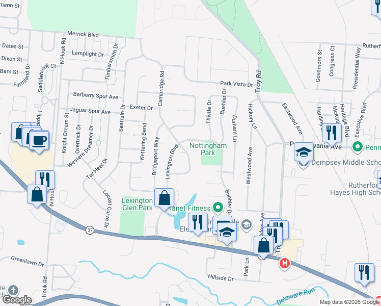 map of restaurants, bars, coffee shops, grocery stores, and more near 202 Muirwood Village Drive in Delaware