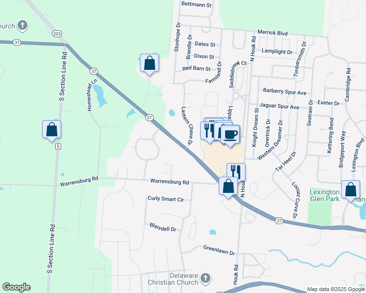 map of restaurants, bars, coffee shops, grocery stores, and more near 100 Lori Lane in Delaware