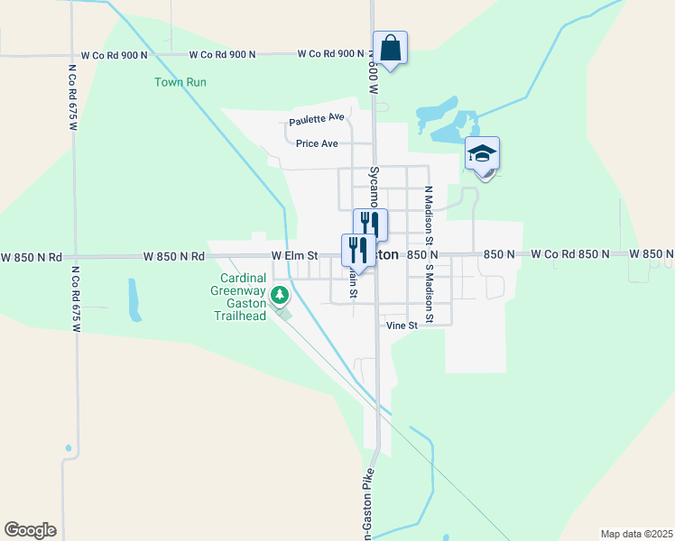 map of restaurants, bars, coffee shops, grocery stores, and more near 205 South Center Street in Gaston
