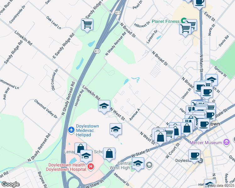 map of restaurants, bars, coffee shops, grocery stores, and more near 513 Portsmouth Court in Doylestown