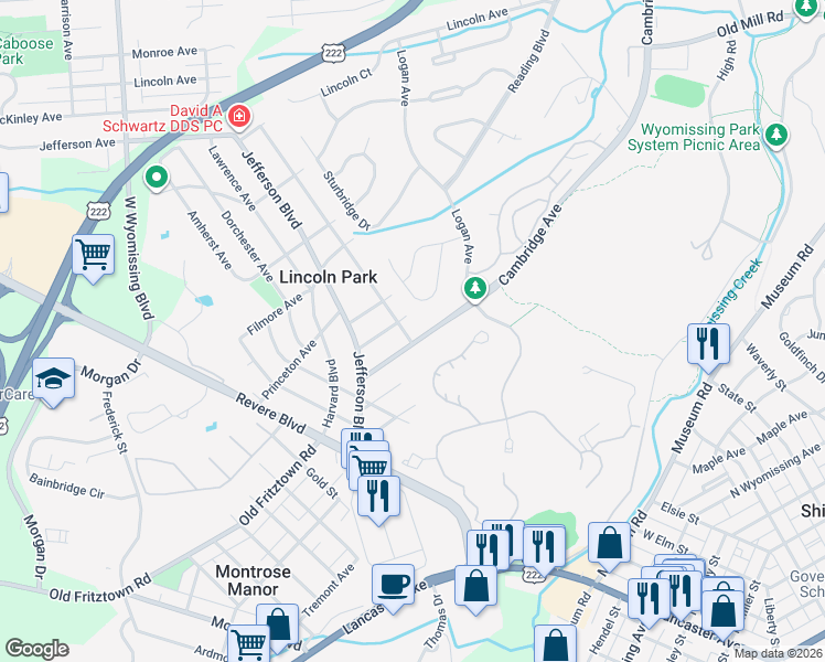 map of restaurants, bars, coffee shops, grocery stores, and more near 25 Cambridge Avenue in West Lawn