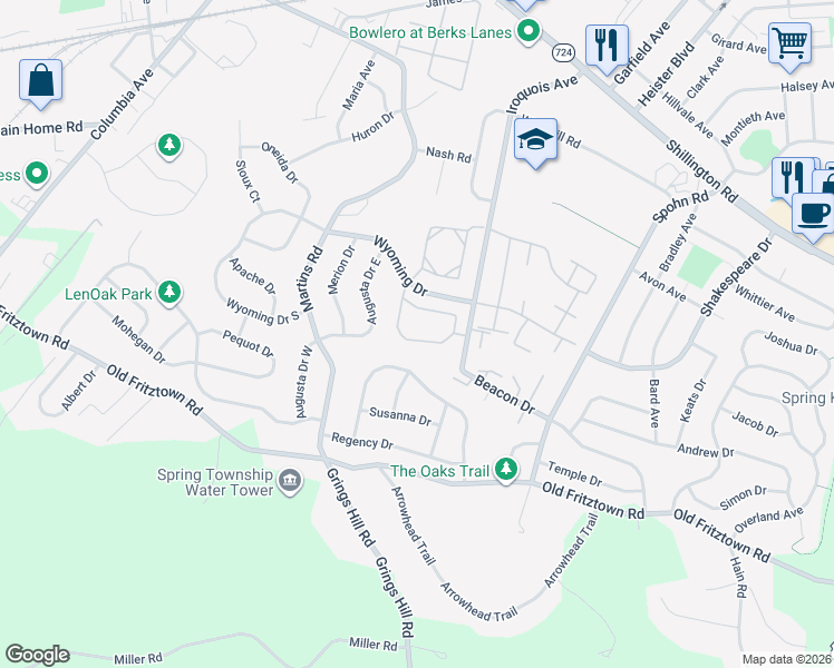 map of restaurants, bars, coffee shops, grocery stores, and more near 160 Nicole Way in Sinking Spring