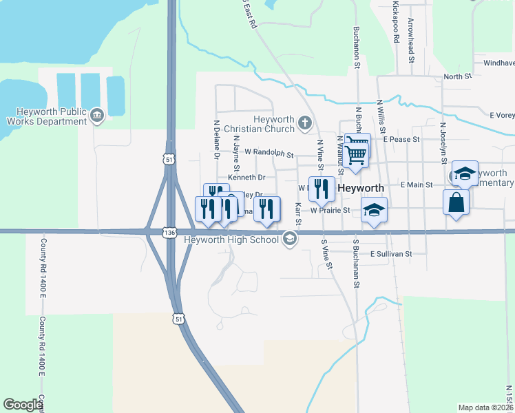 map of restaurants, bars, coffee shops, grocery stores, and more near 701 West Cleveland Street in Heyworth
