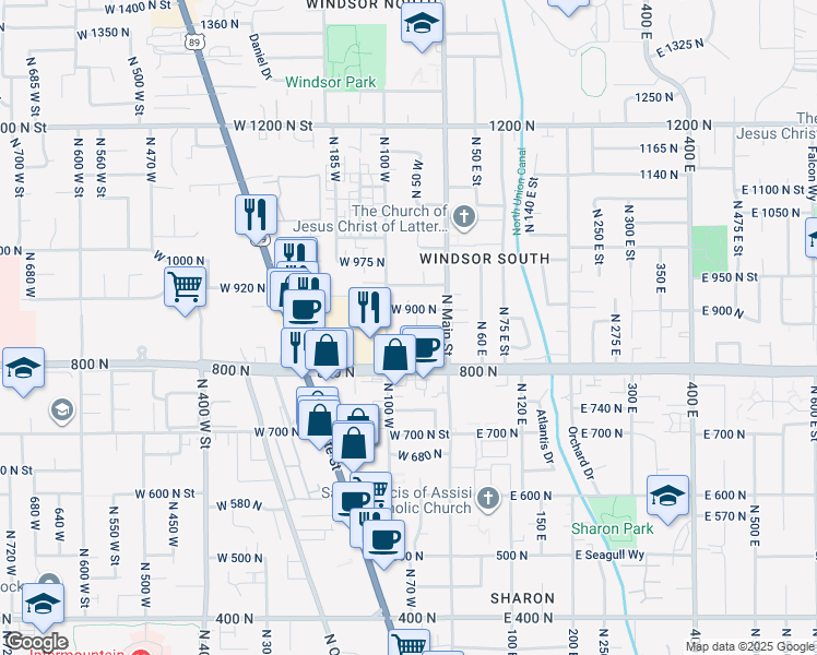 map of restaurants, bars, coffee shops, grocery stores, and more near 825 50 East in Orem