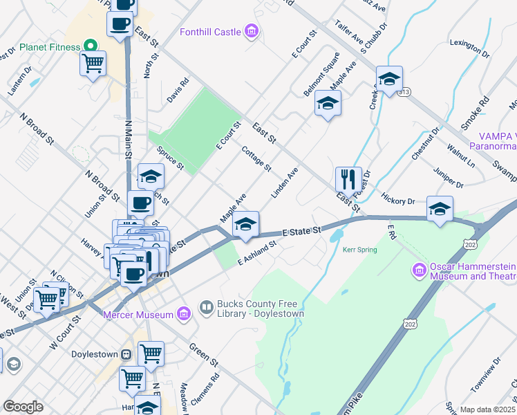 map of restaurants, bars, coffee shops, grocery stores, and more near 315 Linden Avenue in Doylestown