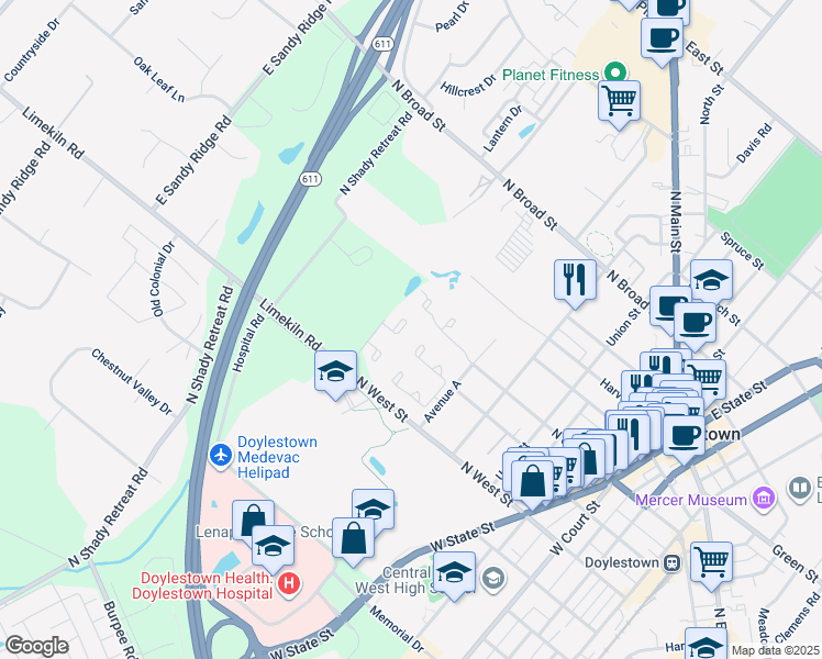 map of restaurants, bars, coffee shops, grocery stores, and more near 515 Portsmouth Court in Doylestown