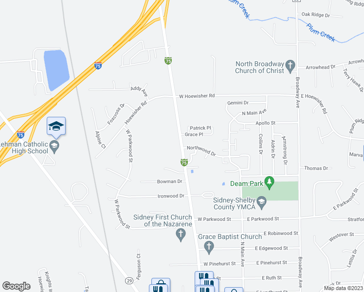 map of restaurants, bars, coffee shops, grocery stores, and more near 2399 Wapakoneta Avenue in Sidney