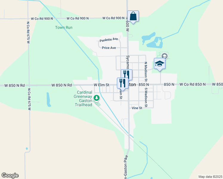 map of restaurants, bars, coffee shops, grocery stores, and more near 205 South Center Street in Gaston