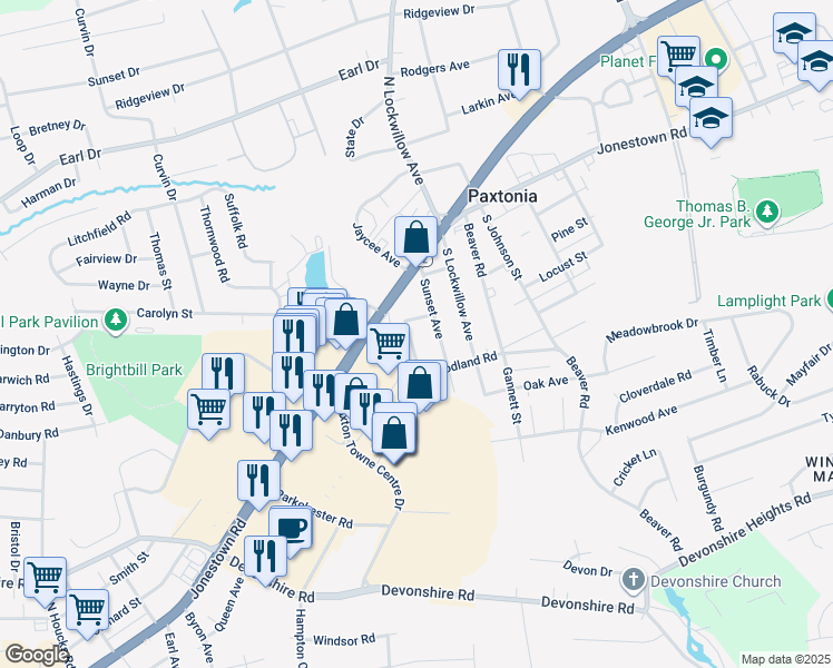 map of restaurants, bars, coffee shops, grocery stores, and more near 123 Atmore Street in Harrisburg