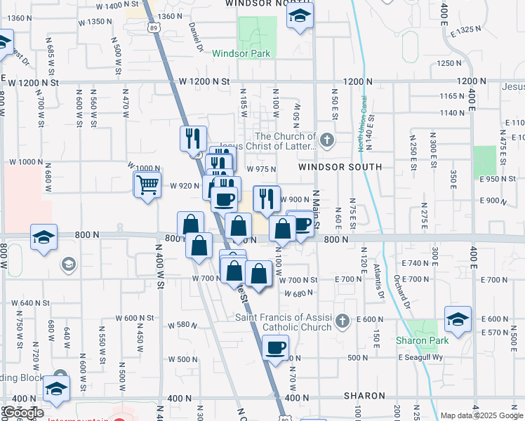map of restaurants, bars, coffee shops, grocery stores, and more near 130 West 870 North in Orem