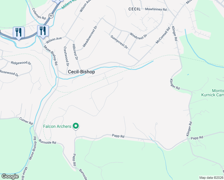 map of restaurants, bars, coffee shops, grocery stores, and more near 421 Dogwood Lane in McDonald