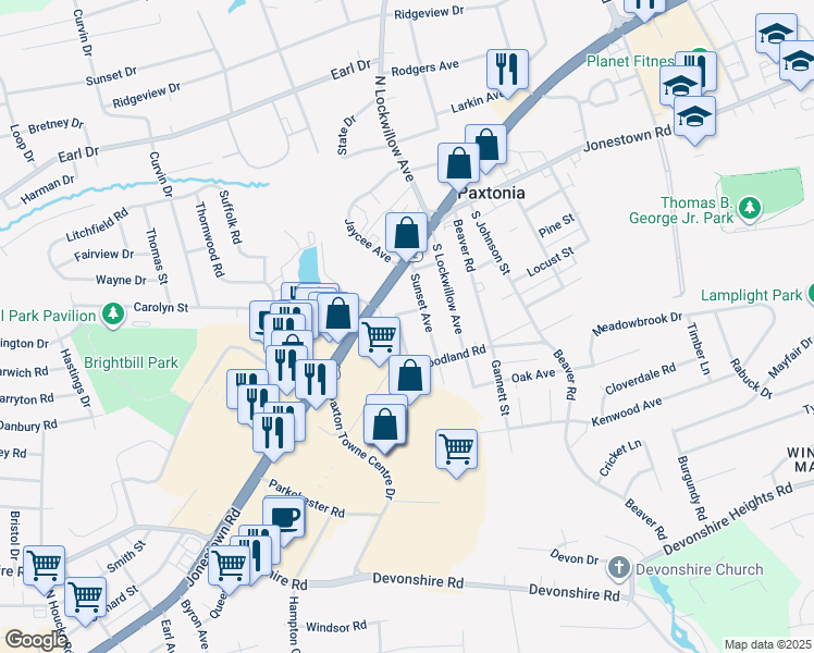map of restaurants, bars, coffee shops, grocery stores, and more near 123 Atmore Street in Harrisburg