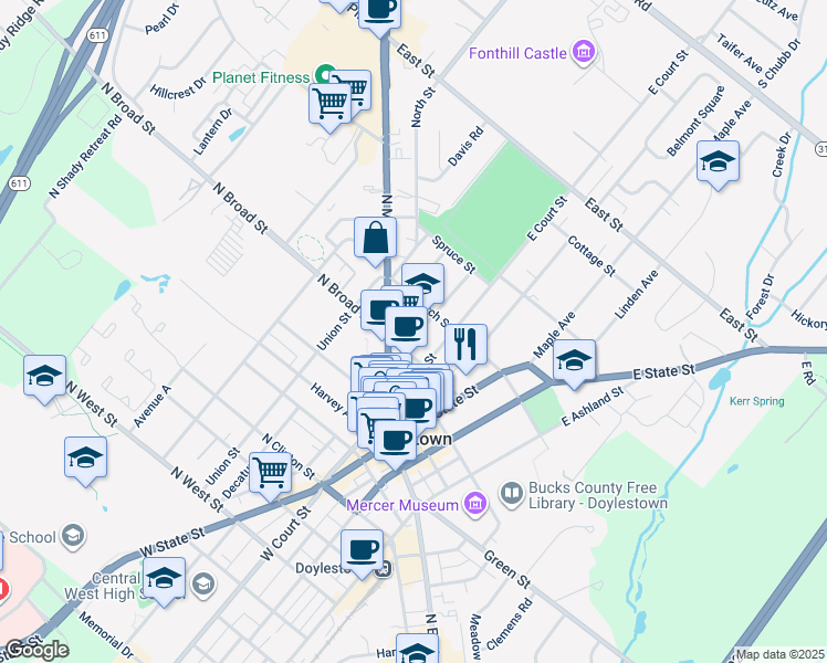 map of restaurants, bars, coffee shops, grocery stores, and more near 101 Mechanics Street in Doylestown