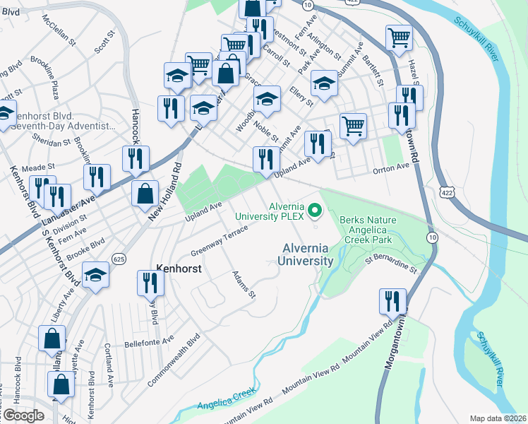 map of restaurants, bars, coffee shops, grocery stores, and more near 314 Saint Nicholas Street in Reading
