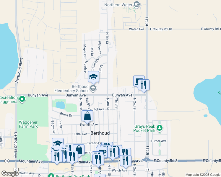 map of restaurants, bars, coffee shops, grocery stores, and more near 1114 North 4th Street in Berthoud