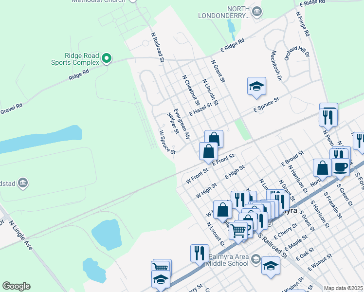 map of restaurants, bars, coffee shops, grocery stores, and more near 133 West Spruce Street in Palmyra