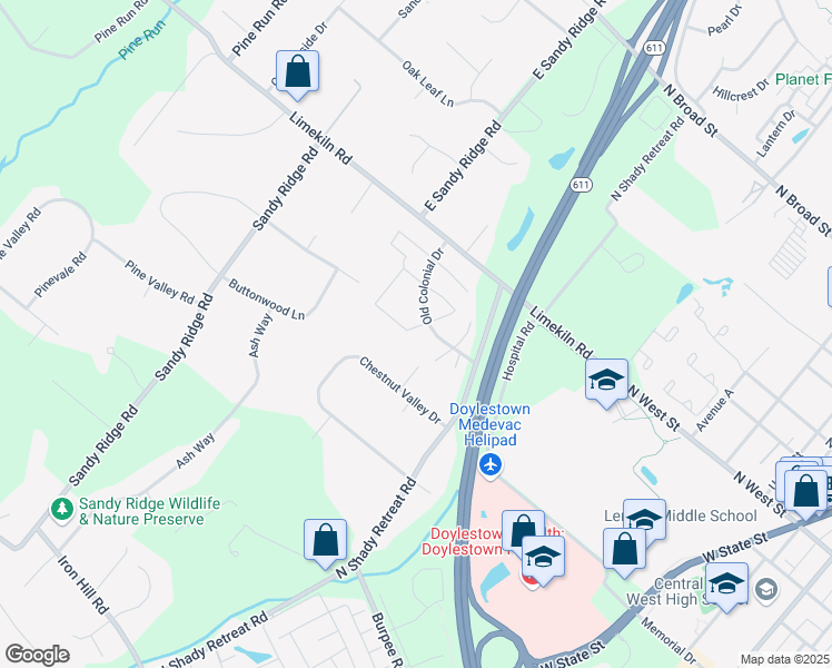 map of restaurants, bars, coffee shops, grocery stores, and more near 123 Providence Avenue in Doylestown