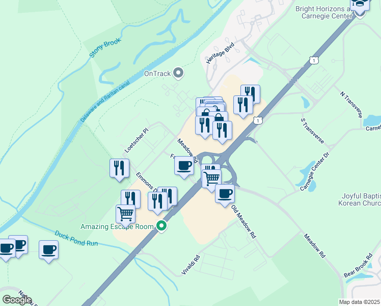 map of restaurants, bars, coffee shops, grocery stores, and more near 10 Meadow Road in Princeton