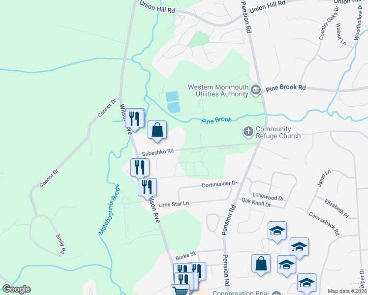 map of restaurants, bars, coffee shops, grocery stores, and more near 28 Sobechko Road in Manalapan Township