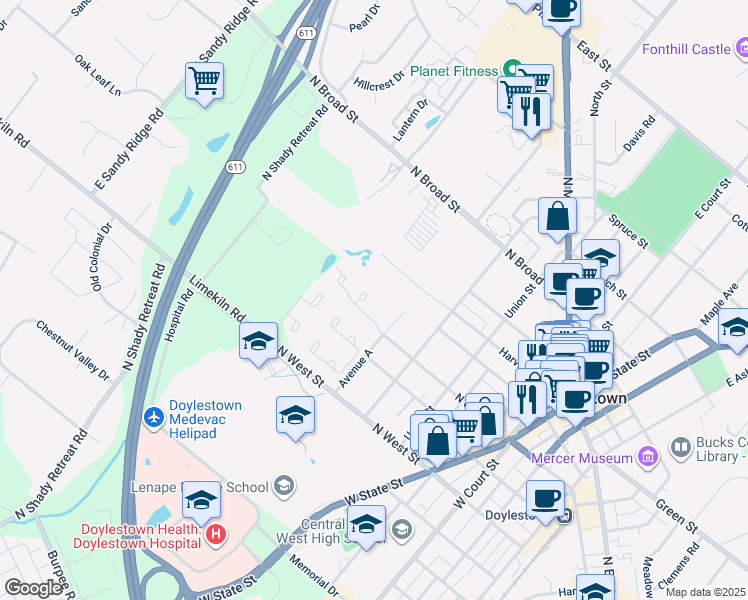 map of restaurants, bars, coffee shops, grocery stores, and more near 310 Dorset Road in Doylestown