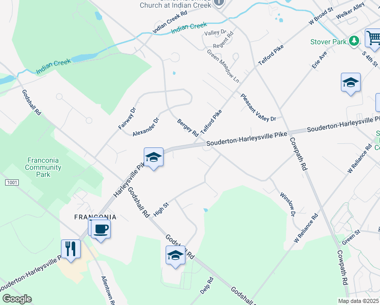 map of restaurants, bars, coffee shops, grocery stores, and more near 303 Harleysville Pike in Souderton