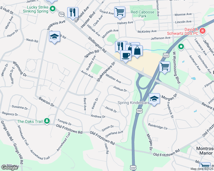 map of restaurants, bars, coffee shops, grocery stores, and more near 2611 Avon Avenue in Reading