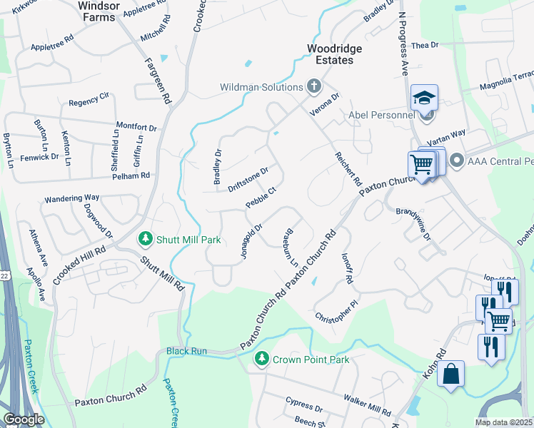 map of restaurants, bars, coffee shops, grocery stores, and more near 3600 Quarry Drive in Harrisburg