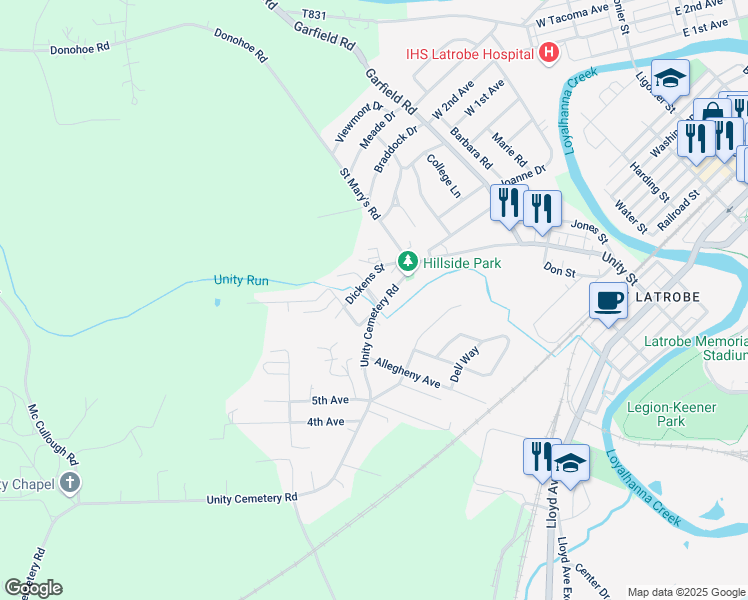 map of restaurants, bars, coffee shops, grocery stores, and more near 50 Dickens Street in Latrobe
