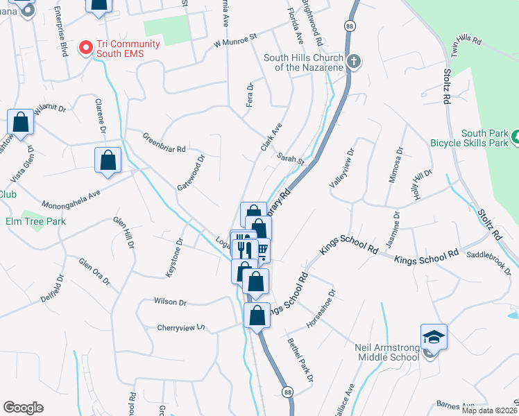 map of restaurants, bars, coffee shops, grocery stores, and more near 4205 Pebble Creek Court in Bethel Park