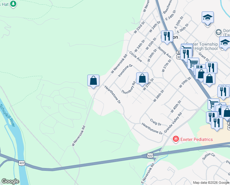 map of restaurants, bars, coffee shops, grocery stores, and more near 3 Thornbury Road in Reading