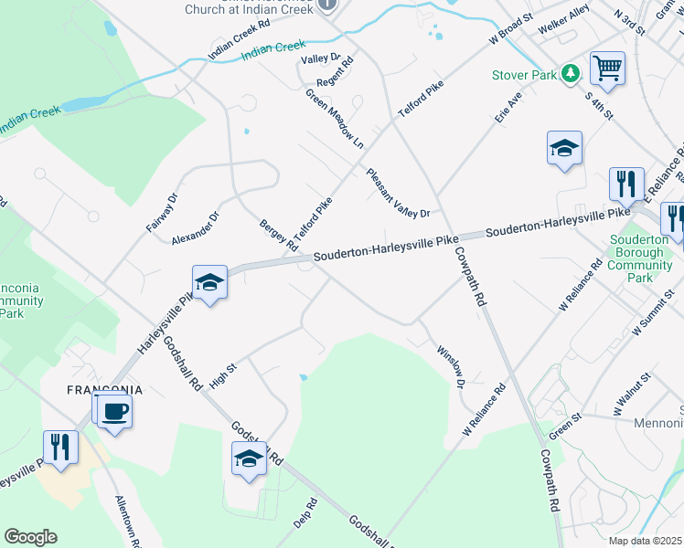 map of restaurants, bars, coffee shops, grocery stores, and more near 487 Smokepipe Road in Souderton