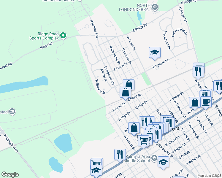 map of restaurants, bars, coffee shops, grocery stores, and more near 5 Juniper Street in Palmyra