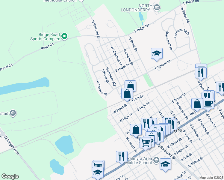 map of restaurants, bars, coffee shops, grocery stores, and more near 5 Juniper Street in Palmyra