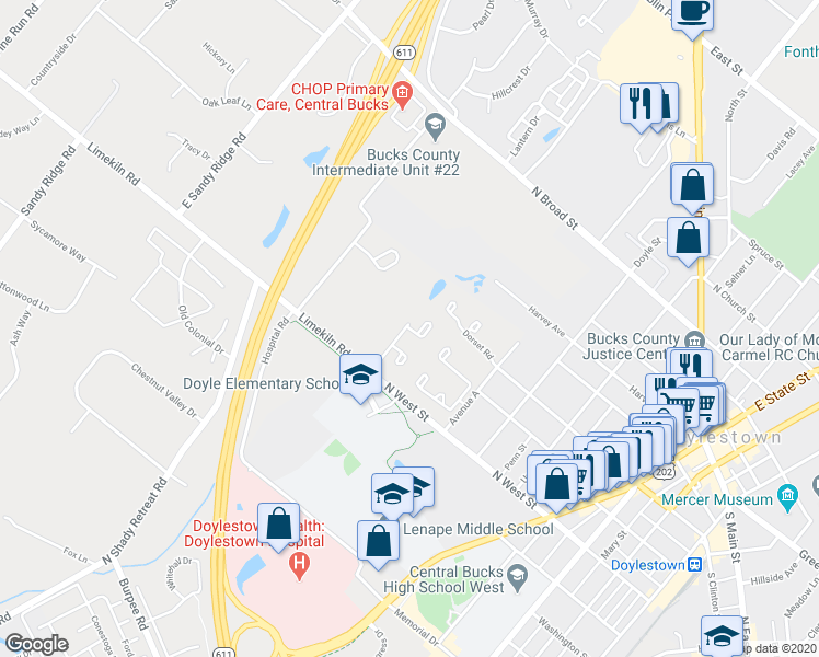 map of restaurants, bars, coffee shops, grocery stores, and more near 500 Portsmouth Court in Doylestown