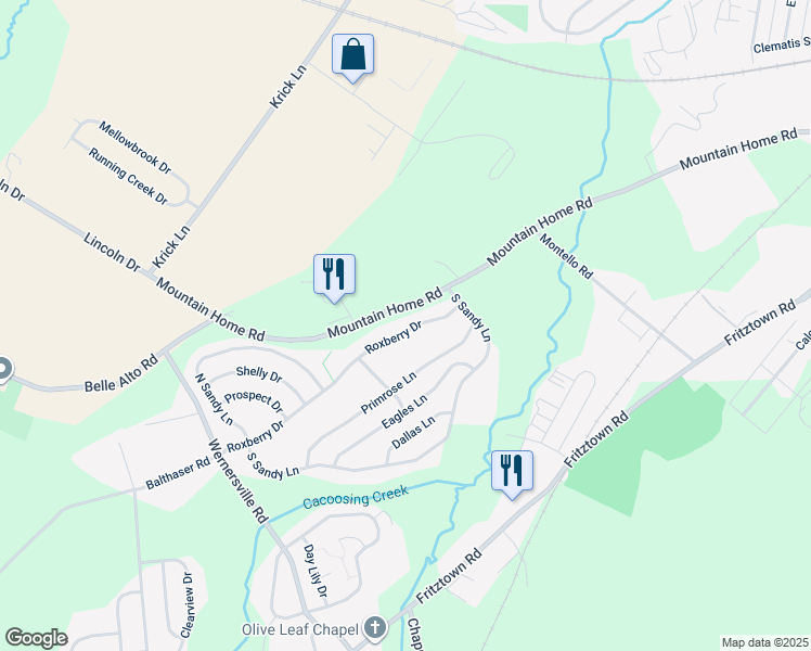 map of restaurants, bars, coffee shops, grocery stores, and more near 15 Roxberry Drive in Sinking Spring